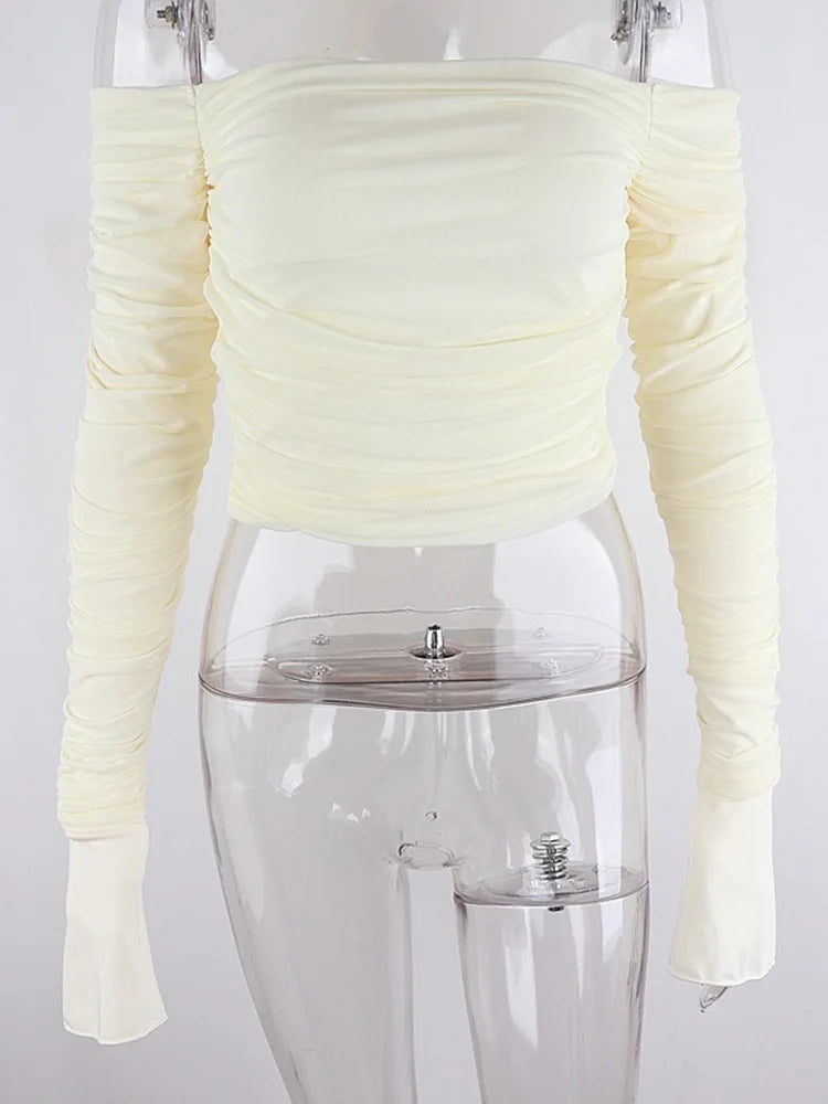 Camiseta de retales de malla para mujer, Top corto de manga larga fruncido con hombros descubiertos, Bodycon Sexy, ropa de calle elegante para primavera y verano 2024