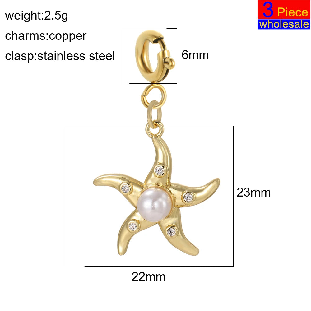 3 uds de 6mm de acero inoxidable hebilla de resorte dorada lindo verano playa océano cocotero concha de tortuga estrella de mar dijes colgante