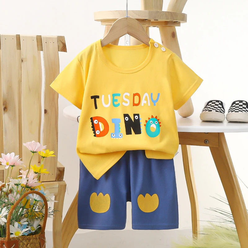 Conjunto de manga corta para niños, ropa de verano de algodón puro, camiseta fina para niñas, ropa para bebés