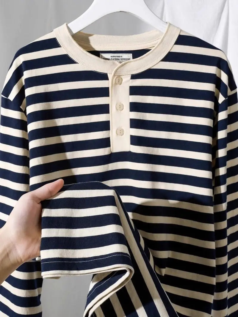 Camiseta de Manga Larga con Cuello Henley a Rayas Azul Marino y Crema para Mujer, Estilo Casual, Holgada, para Uso Diario