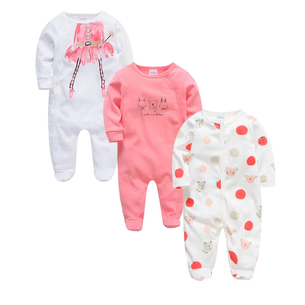 3 unids/lote 100% de ropa de algodón para niñas, peleles de manga larga para recién nacidos de 0 a 12M, mono con estampado de cartón para primavera y otoño