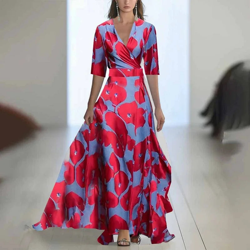 Batas mujer elegante estampado Floral Patchwork Maxi vestido Sexy cuello en V cintura alta vestido largo primavera Puff mangas vestido bohemio suelto