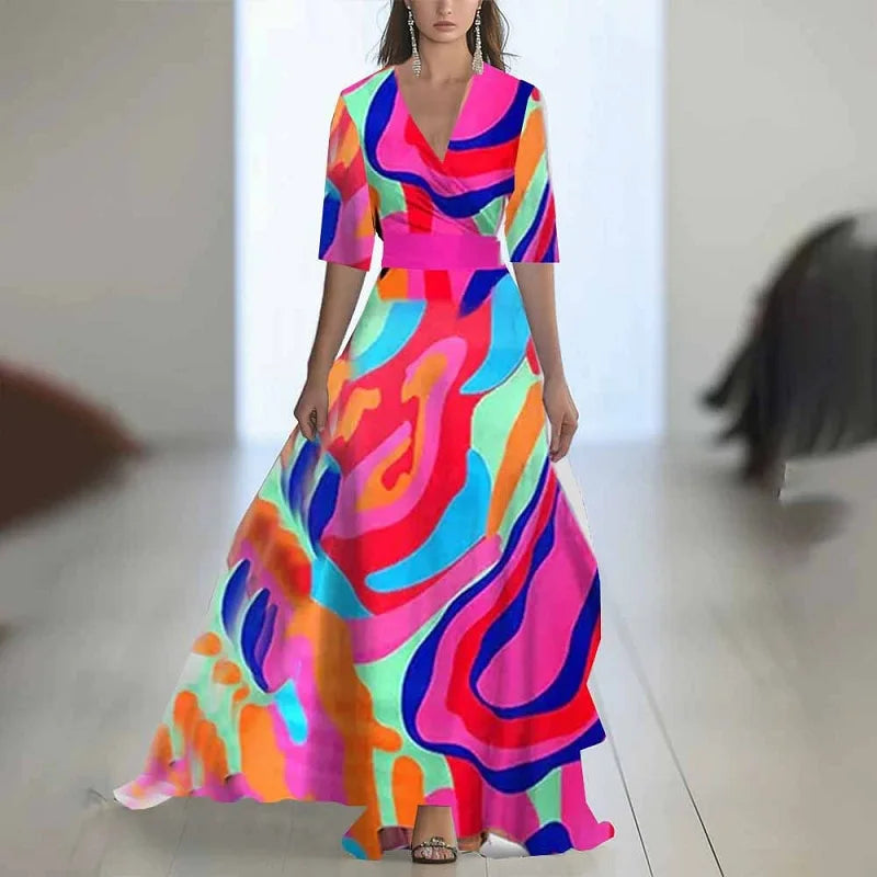 Batas mujer elegante estampado Floral Patchwork Maxi vestido Sexy cuello en V cintura alta vestido largo primavera Puff mangas vestido bohemio suelto