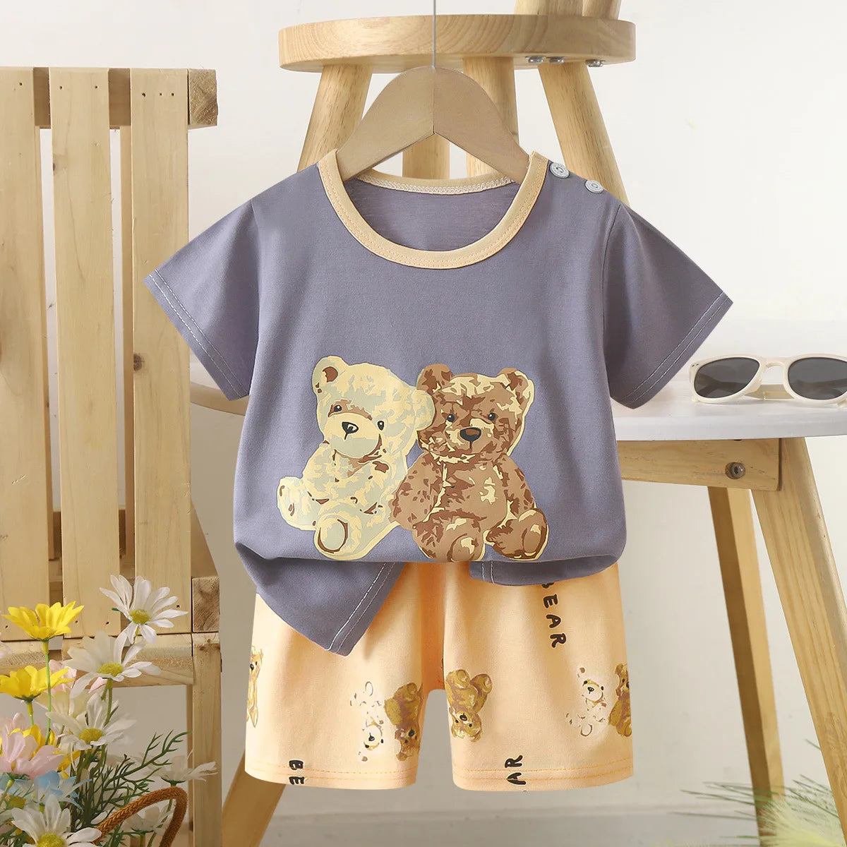Conjunto de manga corta para niños, ropa de verano de algodón puro, camiseta fina para niñas, ropa para bebés