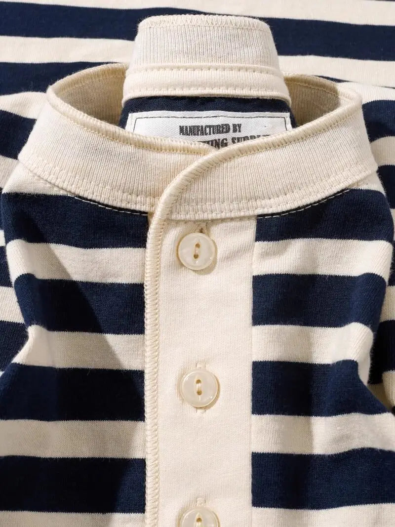Camiseta de Manga Larga con Cuello Henley a Rayas Azul Marino y Crema para Mujer, Estilo Casual, Holgada, para Uso Diario