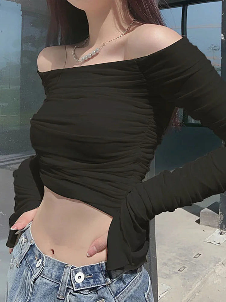Camiseta de retales de malla para mujer, Top corto de manga larga fruncido con hombros descubiertos, Bodycon Sexy, ropa de calle elegante para primavera y verano 2024