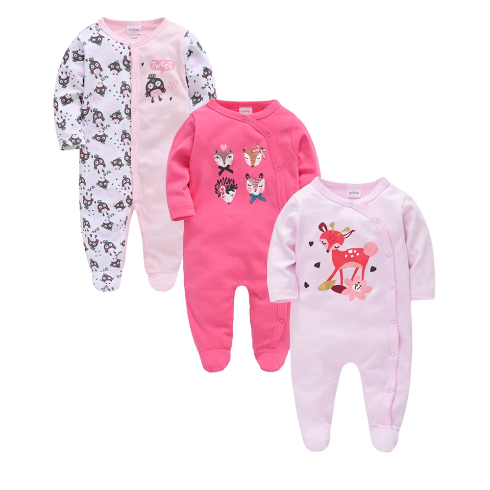 3 unids/lote 100% de ropa de algodón para niñas, peleles de manga larga para recién nacidos de 0 a 12M, mono con estampado de cartón para primavera y otoño