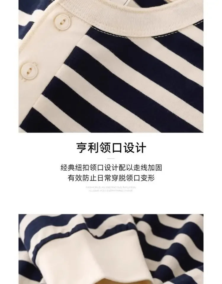 Camiseta de Manga Larga con Cuello Henley a Rayas Azul Marino y Crema para Mujer, Estilo Casual, Holgada, para Uso Diario