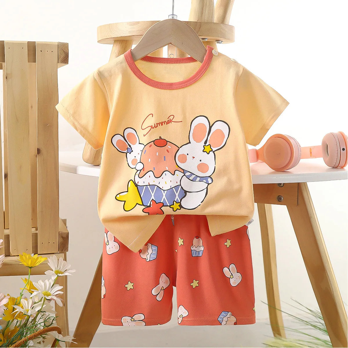 Conjunto de manga corta para niños, ropa de verano de algodón puro, camiseta fina para niñas, ropa para bebés