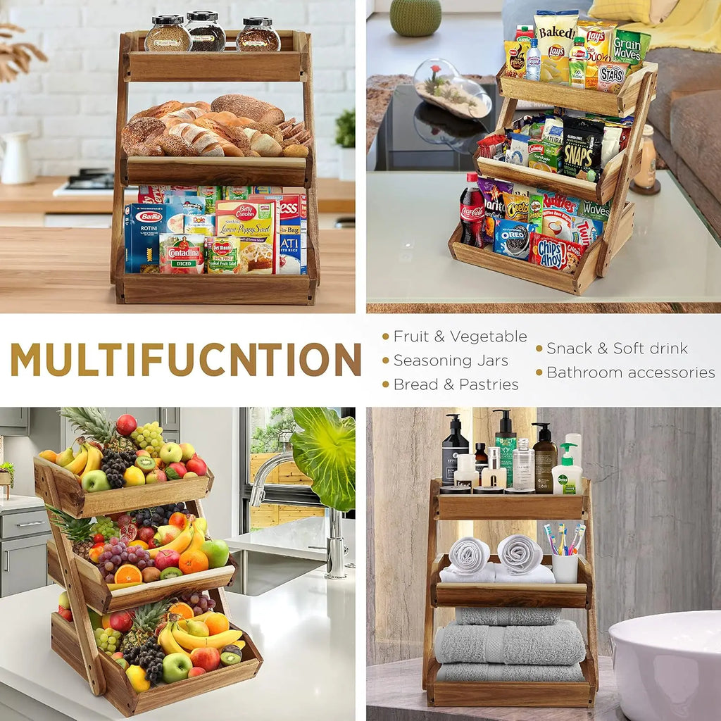 Cesta de frutas de 3 niveles para cocina: soporte duradero, multifuncional, para frutas y verduras de gran capacidad con organizador de aperitivos