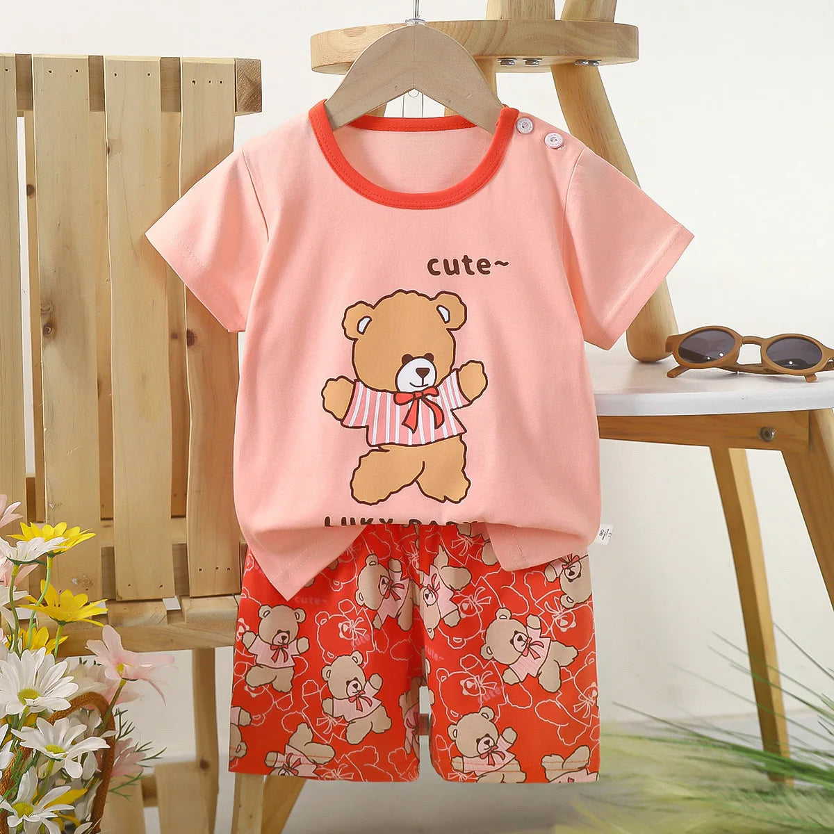 Conjunto de manga corta para niños, ropa de verano de algodón puro, camiseta fina para niñas, ropa para bebés