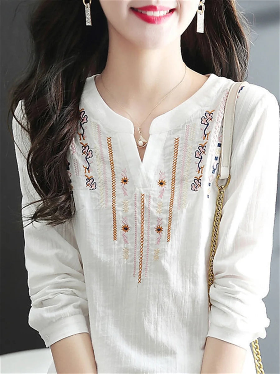 Blusas blancas de primavera y otoño para mujer, Tops informales con bordado y cuello en V, Blusas holgadas Vintage de manga larga DF4272