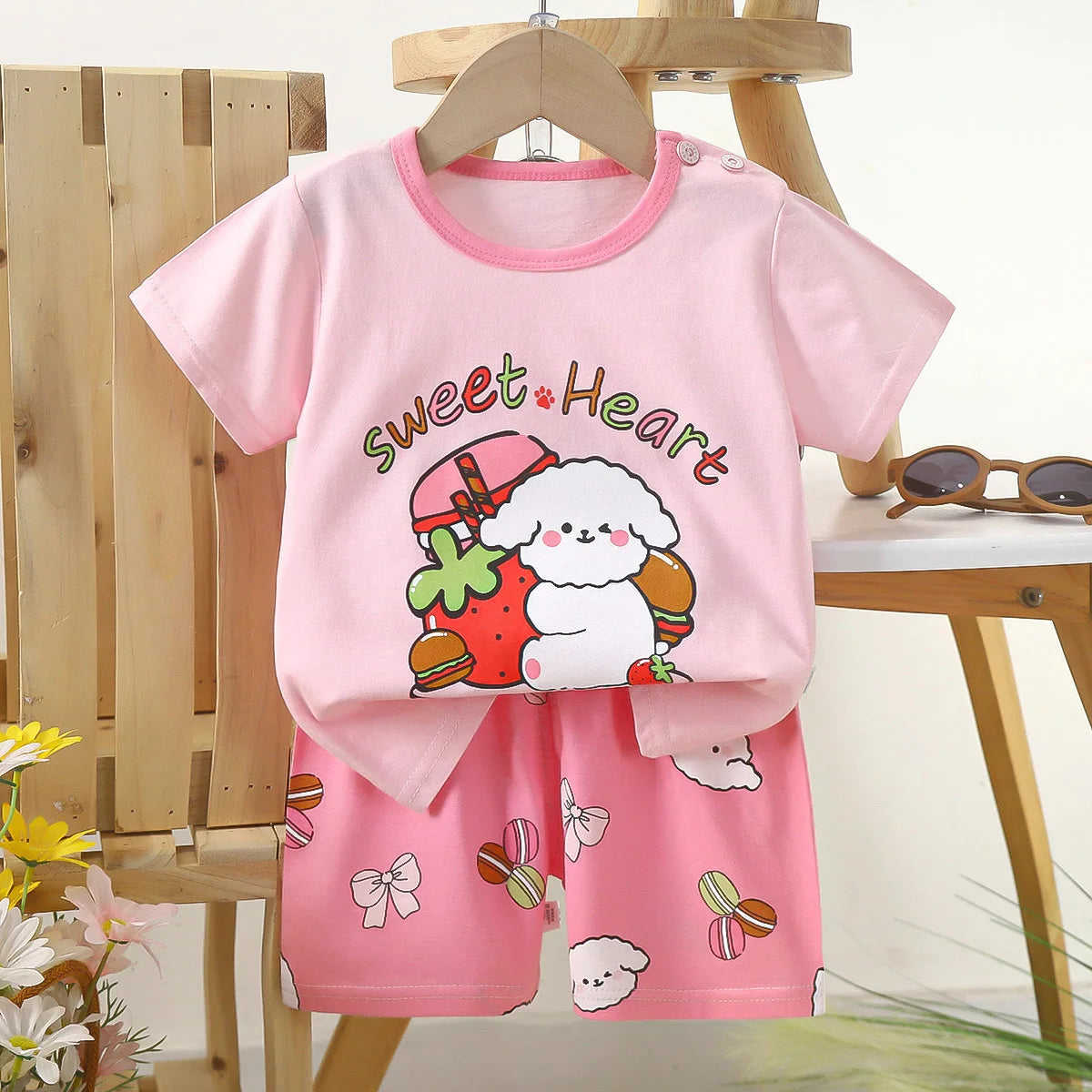 Conjunto de manga corta para niños, ropa de verano de algodón puro, camiseta fina para niñas, ropa para bebés