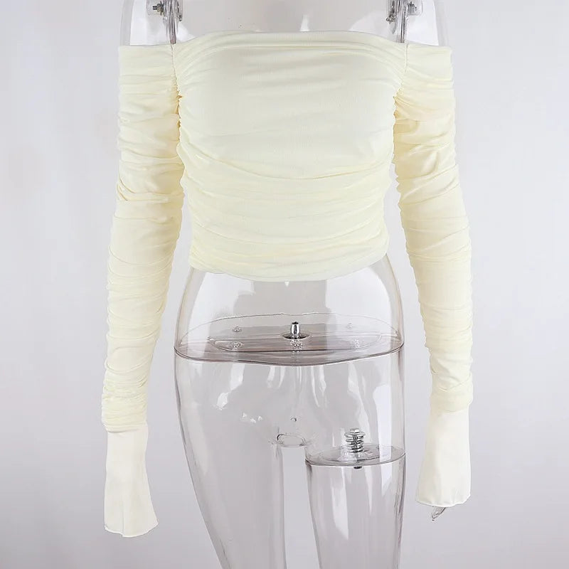 Camiseta de retales de malla para mujer, Top corto de manga larga fruncido con hombros descubiertos, Bodycon Sexy, ropa de calle elegante para primavera y verano 2024