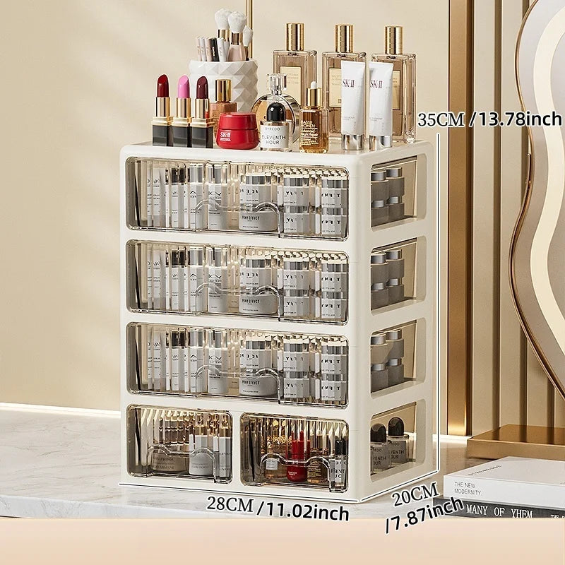 Caja de cosméticos de color crema, organizador de lápiz labial/máscara multicompartimento, cómoda para el cuidado de la piel/pinceles de maquillaje, 1-4 niveles