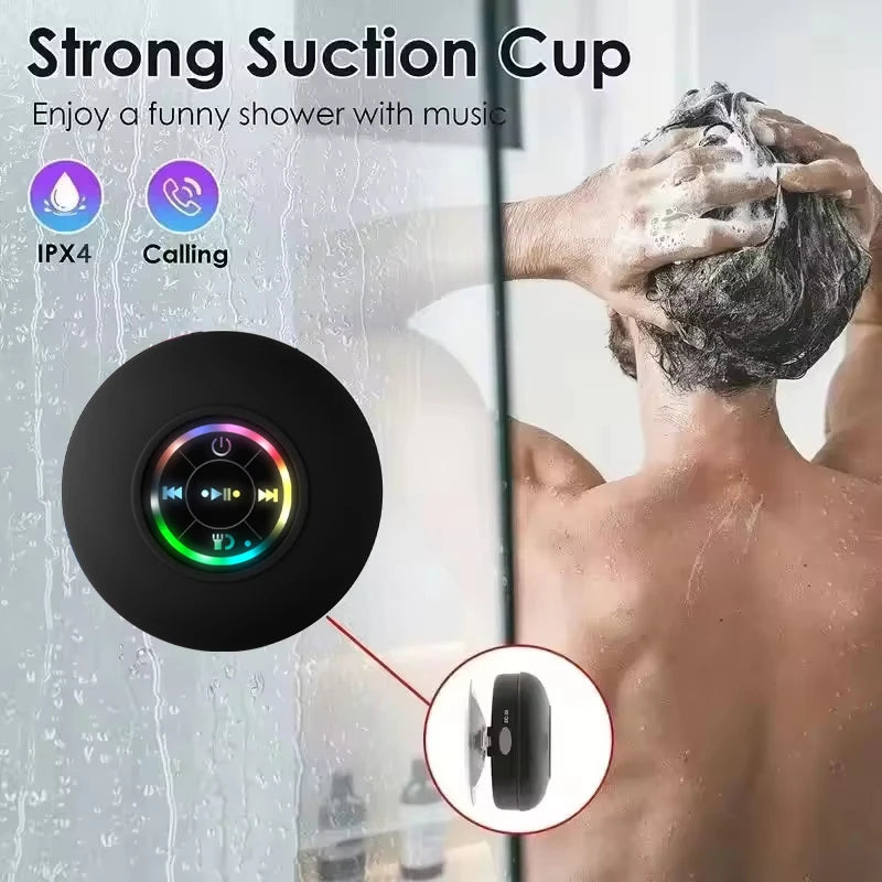 Altavoz portátil inalámbrico con Bluetooth, luz LED IPX4, resistente al agua, para exteriores, baño, ventosa grande, caja de sonido estéreo