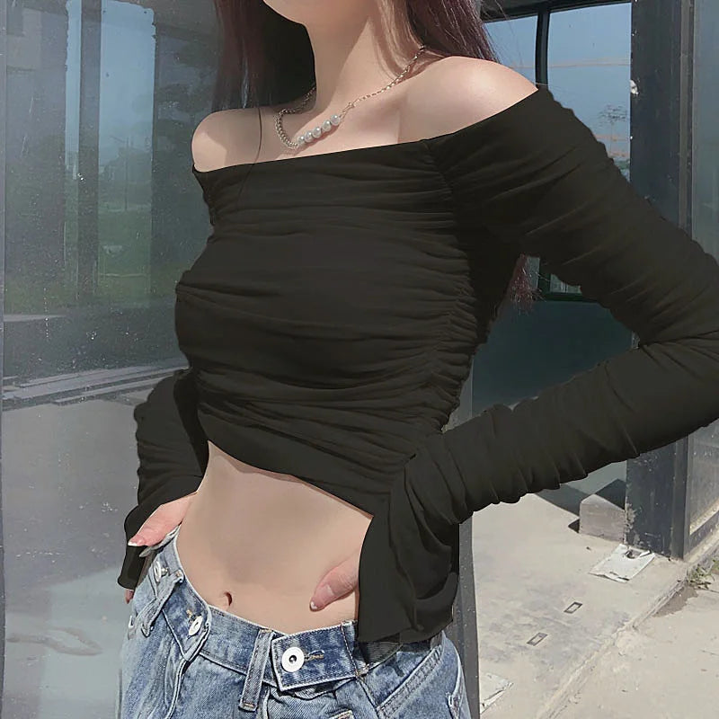 Camiseta de retales de malla para mujer, Top corto de manga larga fruncido con hombros descubiertos, Bodycon Sexy, ropa de calle elegante para primavera y verano 2024