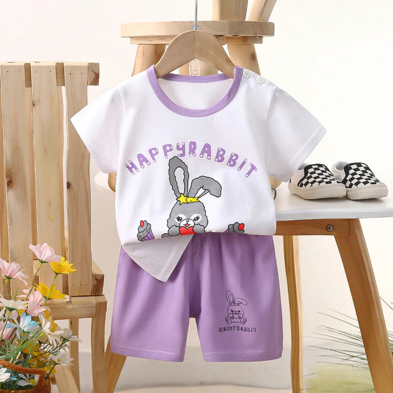 Conjunto de manga corta para niños, ropa de verano de algodón puro, camiseta fina para niñas, ropa para bebés