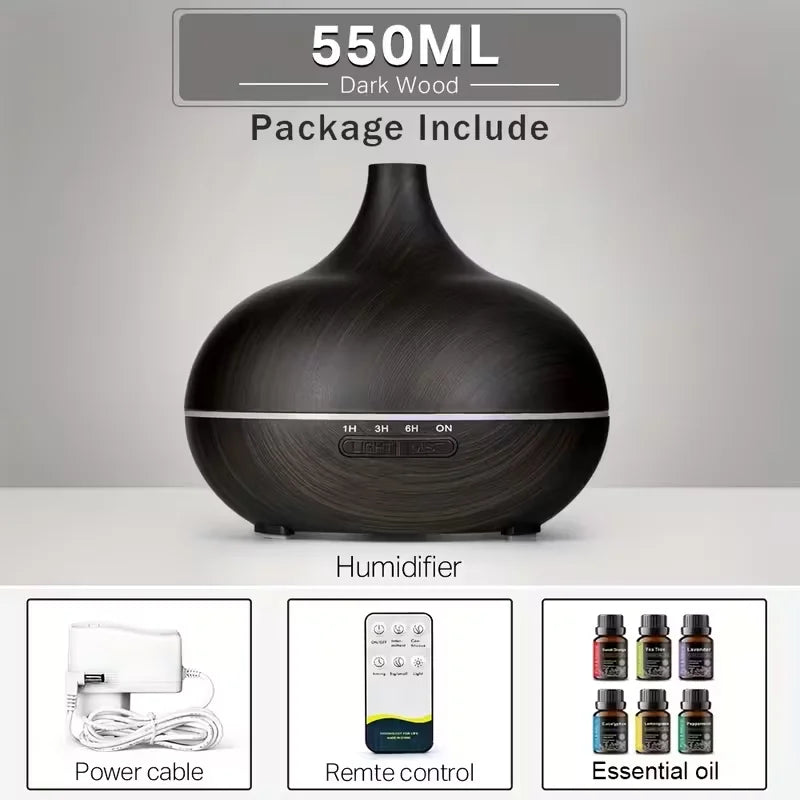 Difusor de Aceites Esenciales de Aromaterapia de Alta Calidad de 550 ml, Humidificador de Aire Ultrasónico con Control Remoto y Acabado en Madera, con Luz de 7 Colores