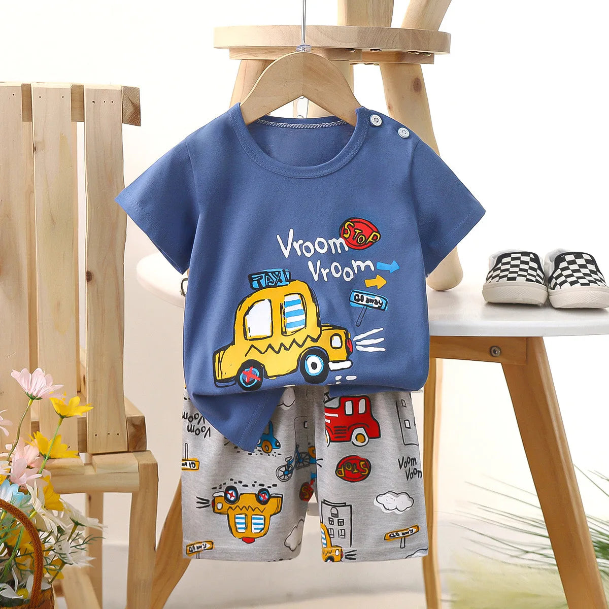 Conjunto de manga corta para niños, ropa de verano de algodón puro, camiseta fina para niñas, ropa para bebés