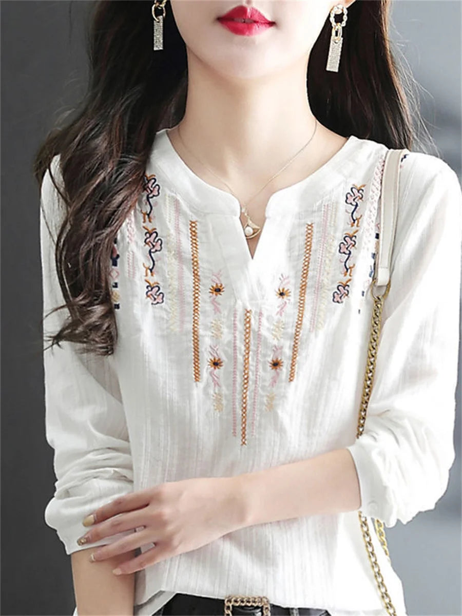 Blusas blancas de primavera y otoño para mujer, Tops informales con bordado y cuello en V, Blusas holgadas Vintage de manga larga DF4272