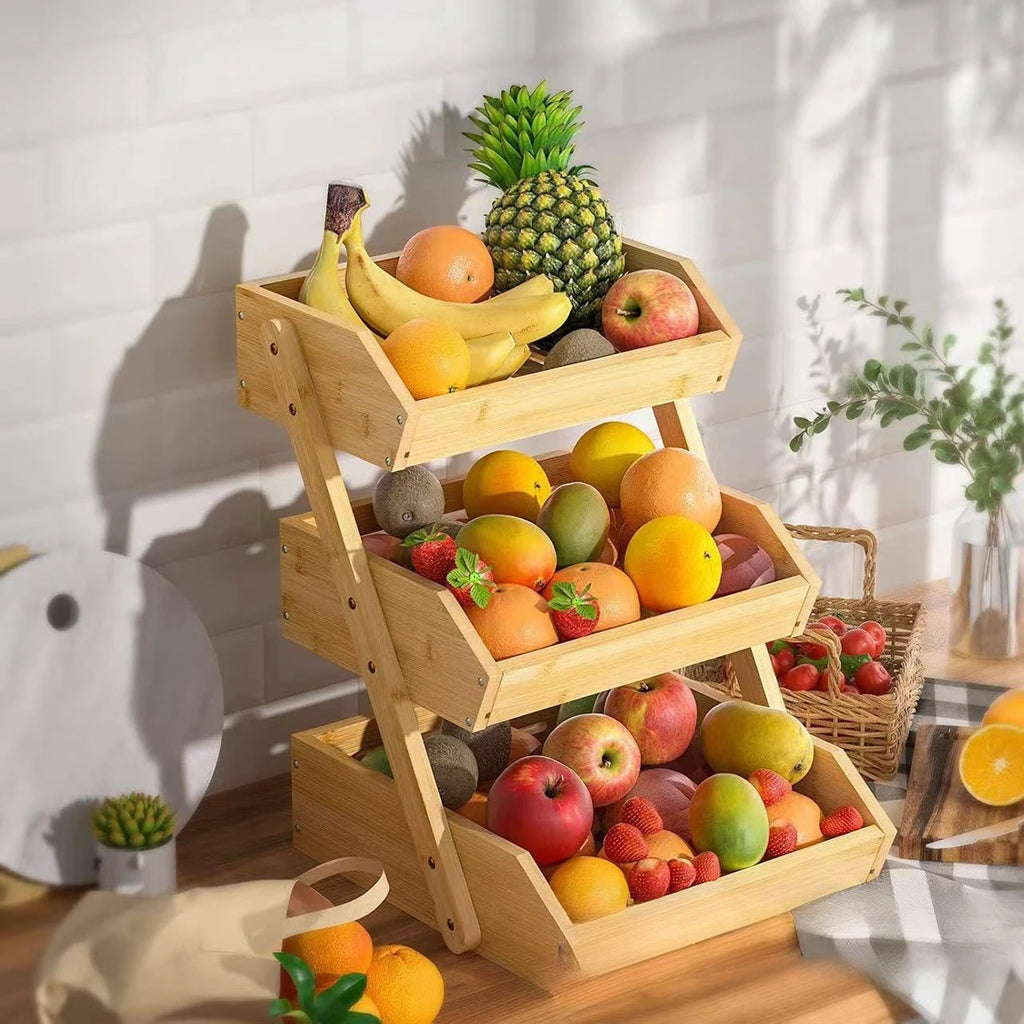 Cesta de frutas de 3 niveles para cocina: soporte duradero, multifuncional, para frutas y verduras de gran capacidad con organizador de aperitivos