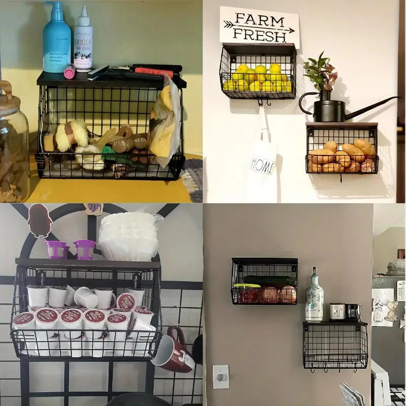 Cestas de Alambre para Almacenamiento de Frutas y Cebollas con Tapa de Madera, Multifuncionales, Apilables, para Montar en la Pared o Encimera de Cocina