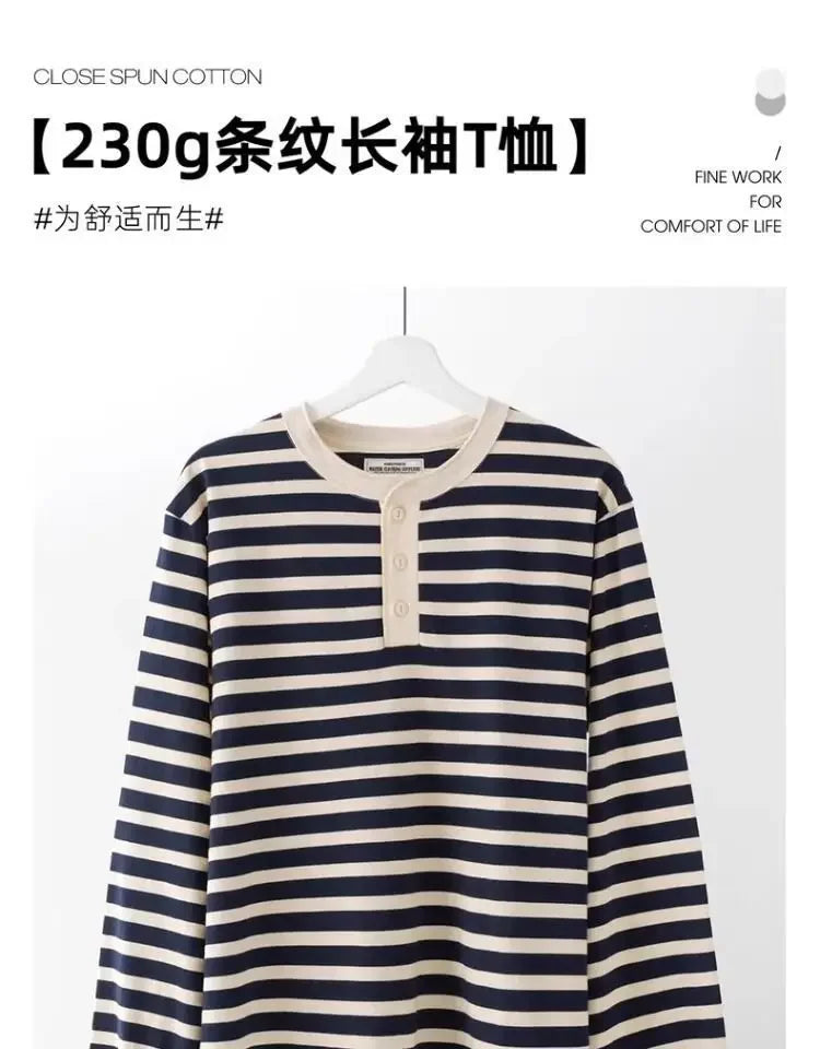 Camiseta de Manga Larga con Cuello Henley a Rayas Azul Marino y Crema para Mujer, Estilo Casual, Holgada, para Uso Diario