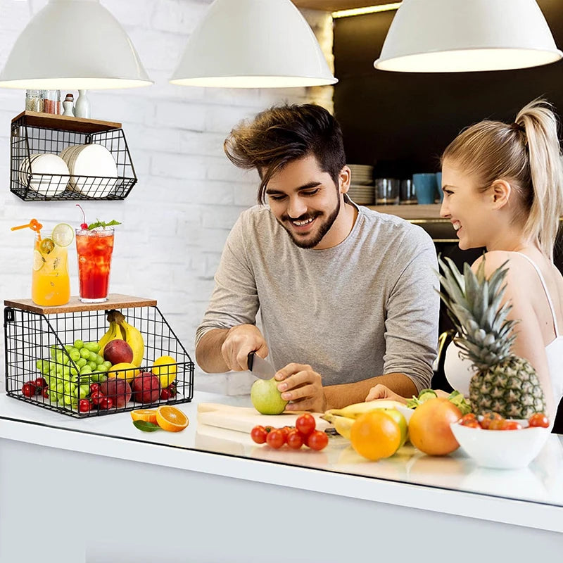 Cestas de Alambre para Almacenamiento de Frutas y Cebollas con Tapa de Madera, Multifuncionales, Apilables, para Montar en la Pared o Encimera de Cocina