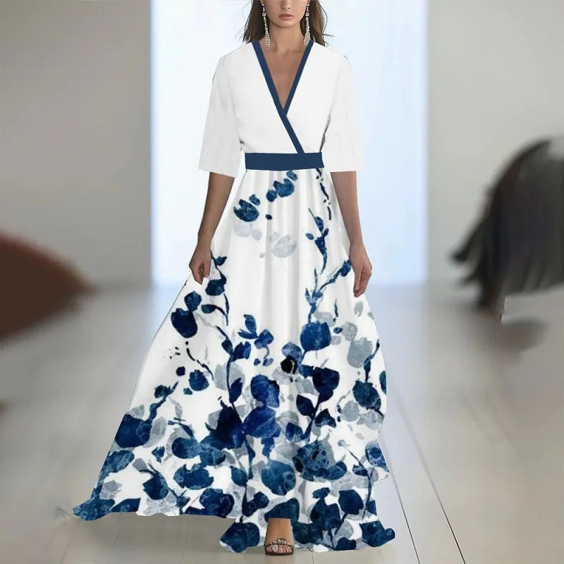 Batas mujer elegante estampado Floral Patchwork Maxi vestido Sexy cuello en V cintura alta vestido largo primavera Puff mangas vestido bohemio suelto