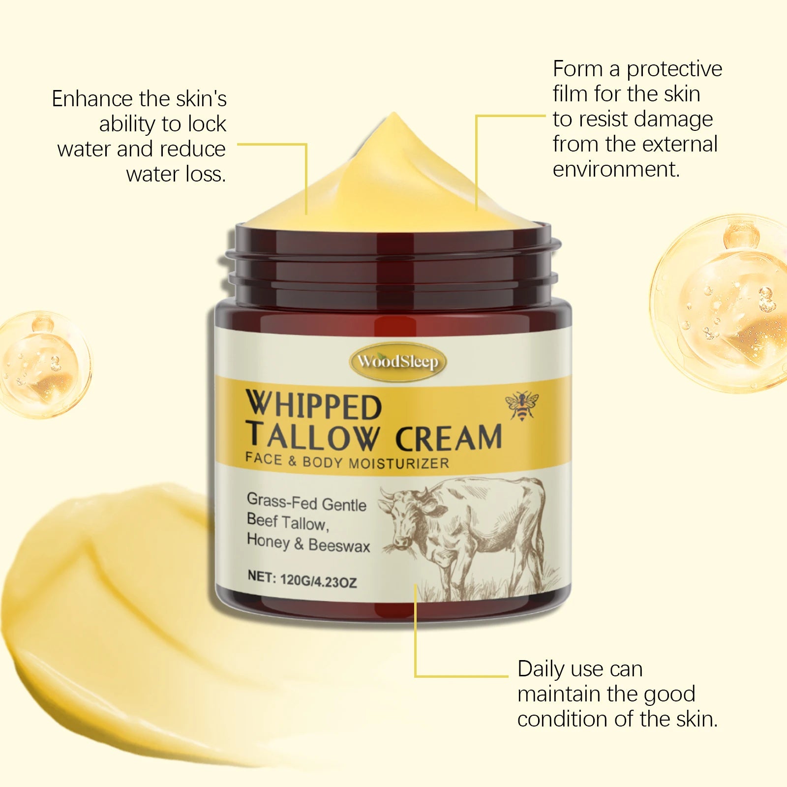 Bálsamo hidratante de miel Tallow de ternera, reparación de la piel dañada, aumenta la elasticidad Facial, desvanece la línea fina, ilumina la crema corporal Facial Tallow