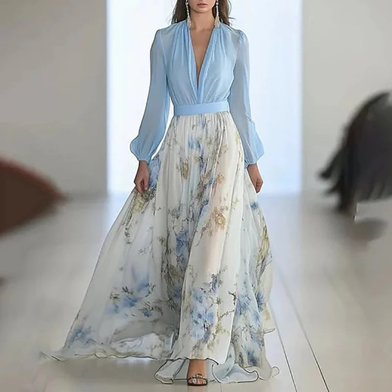 Batas mujer elegante estampado Floral Patchwork Maxi vestido Sexy cuello en V cintura alta vestido largo primavera Puff mangas vestido bohemio suelto