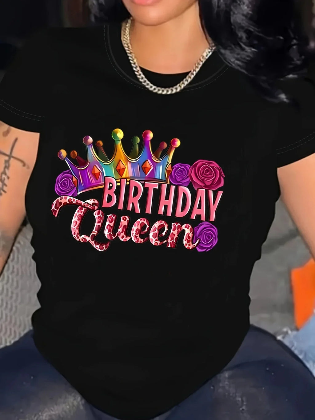 Camiseta con estampado gráfico Birthday Queen - Top informal de manga corta con cuello redondo para mujer para verano y primavera
