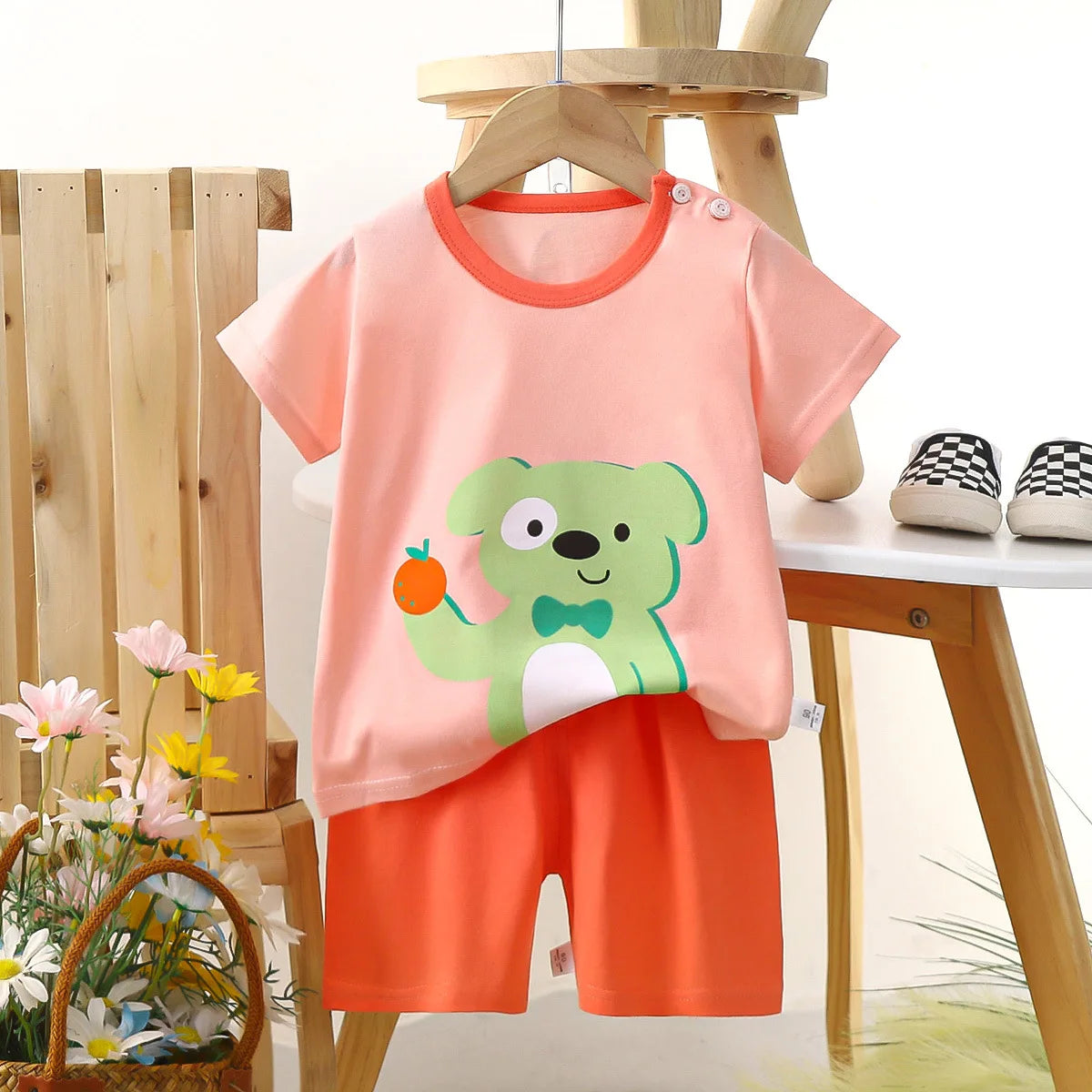 Conjunto de manga corta para niños, ropa de verano de algodón puro, camiseta fina para niñas, ropa para bebés