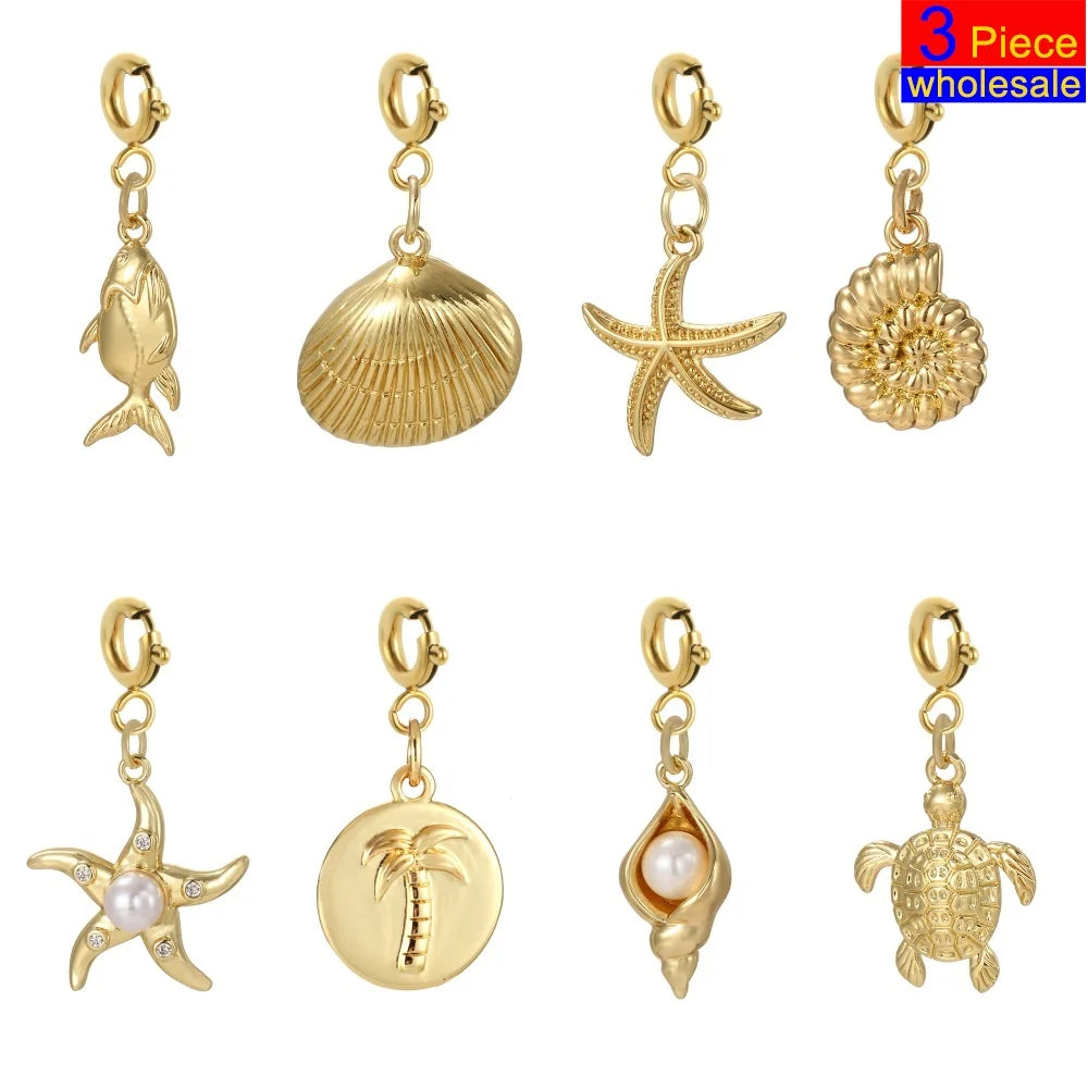 3 uds de 6mm de acero inoxidable hebilla de resorte dorada lindo verano playa océano cocotero concha de tortuga estrella de mar dijes colgante