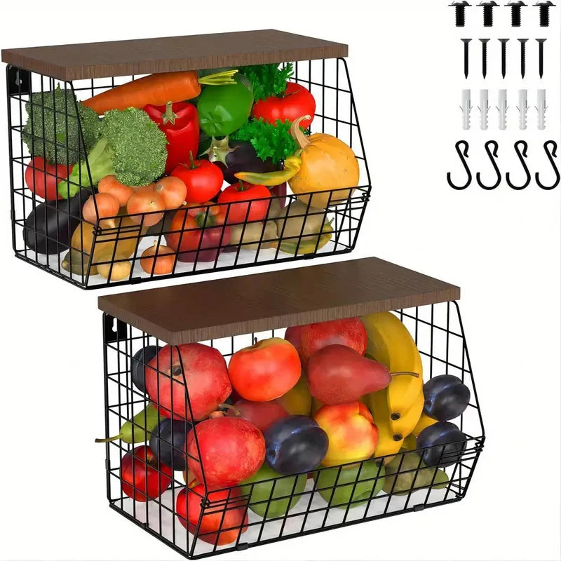 Cestas de Alambre para Almacenamiento de Frutas y Cebollas con Tapa de Madera, Multifuncionales, Apilables, para Montar en la Pared o Encimera de Cocina