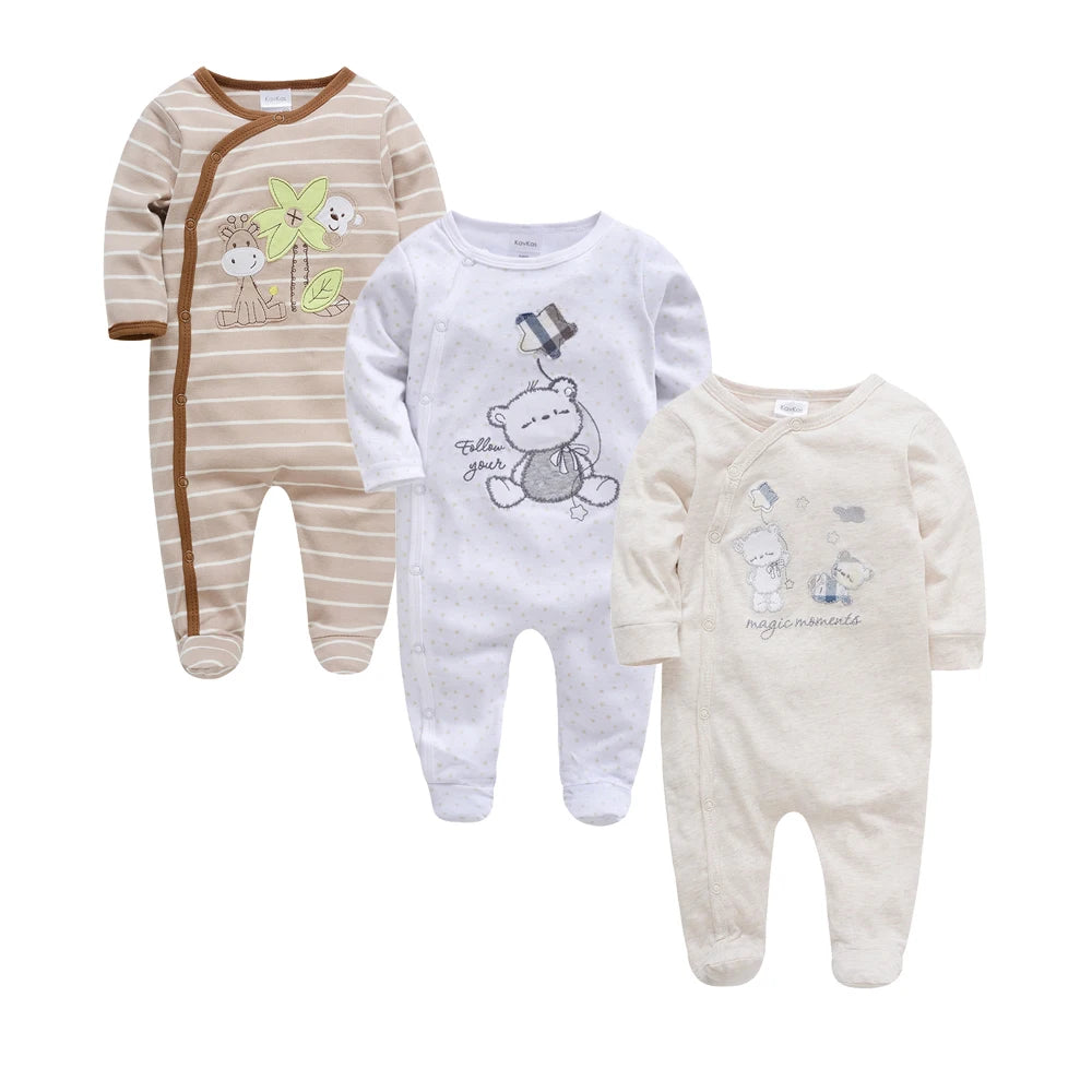 3 unids/lote 100% de ropa de algodón para niñas, peleles de manga larga para recién nacidos de 0 a 12M, mono con estampado de cartón para primavera y otoño