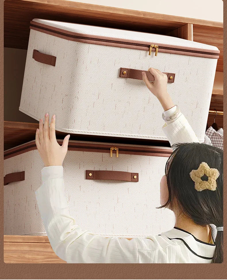 Caja de almacenamiento grande para el hogar, caja organizadora de almacenamiento con cremallera de lino y algodón de carcasa dura resistente con tapa para ropa, juguetes, mantas