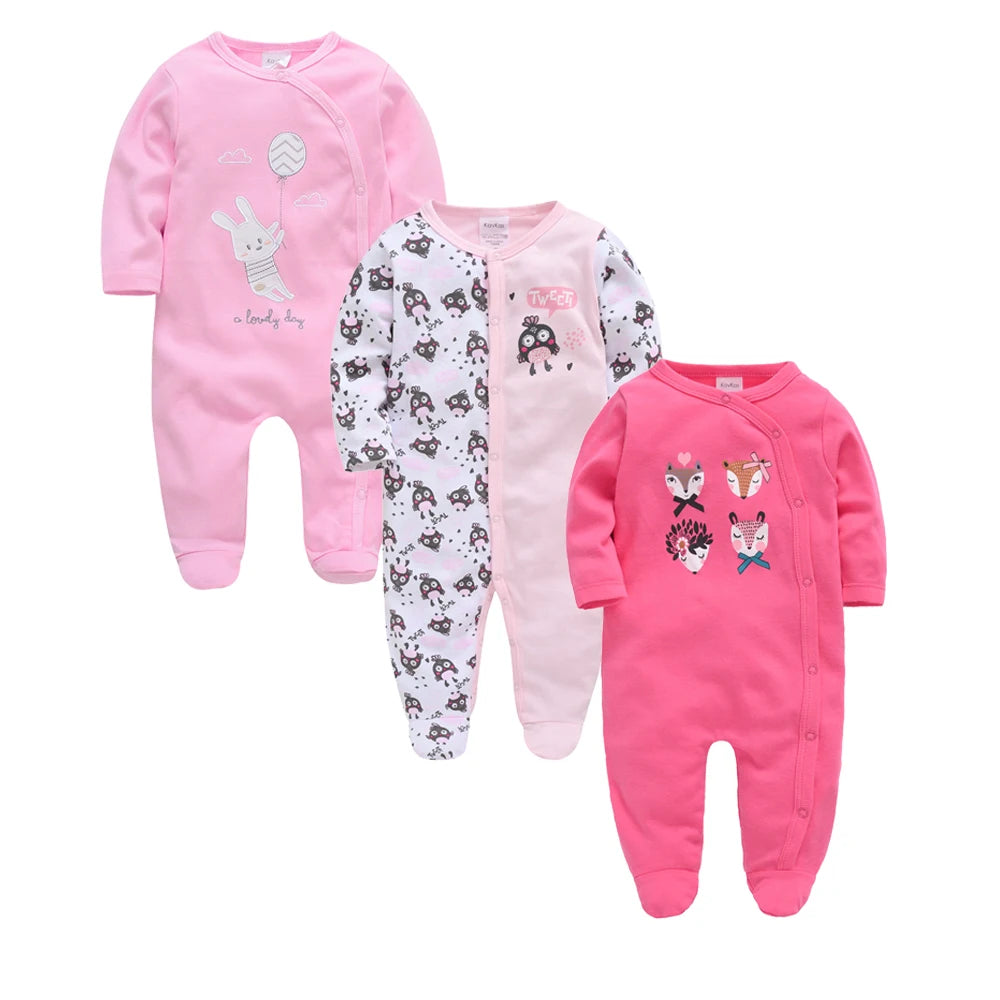 3 unids/lote 100% de ropa de algodón para niñas, peleles de manga larga para recién nacidos de 0 a 12M, mono con estampado de cartón para primavera y otoño