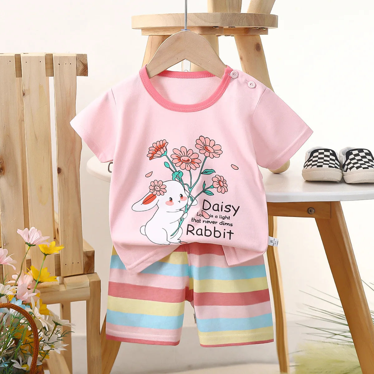 Conjunto de manga corta para niños, ropa de verano de algodón puro, camiseta fina para niñas, ropa para bebés