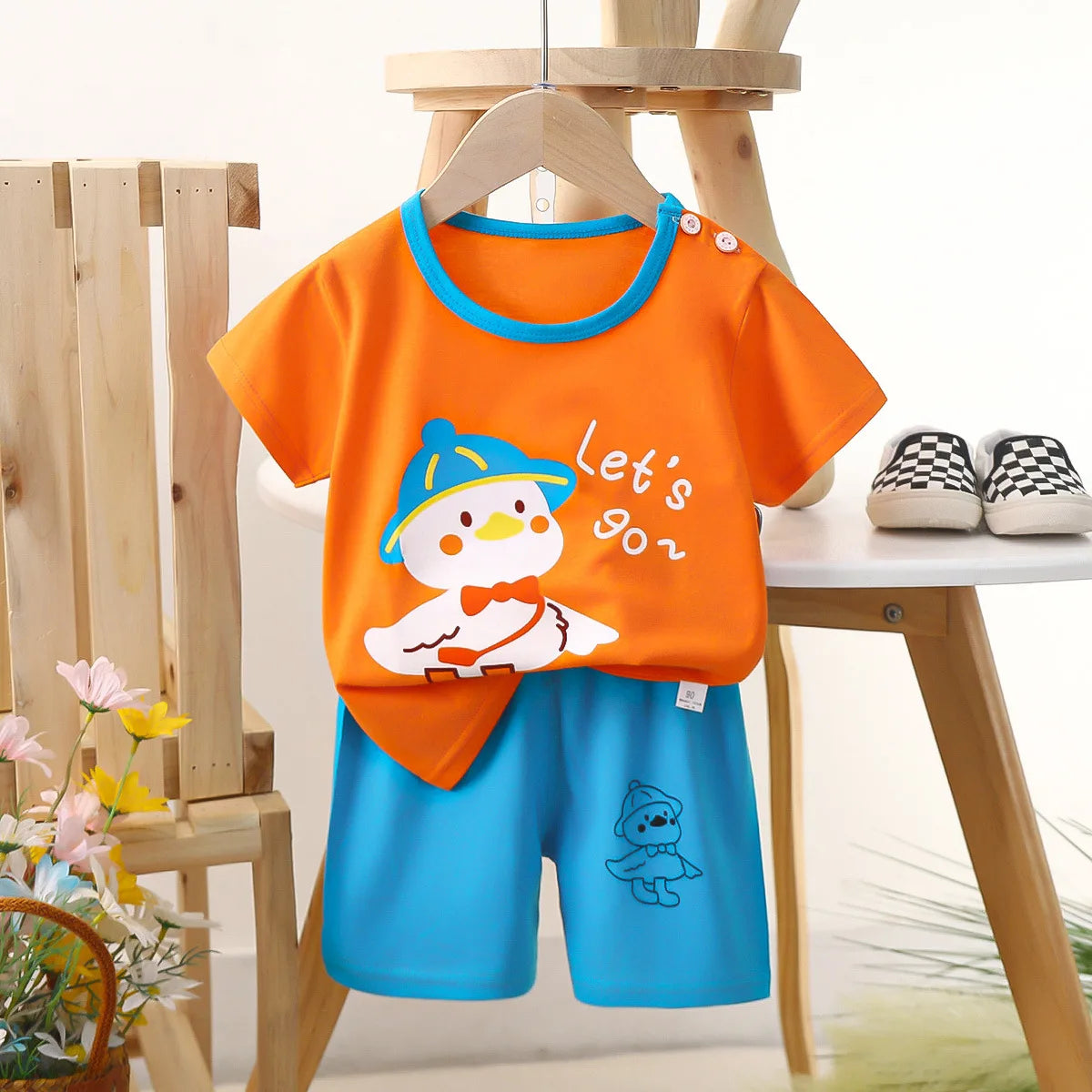 Conjunto de manga corta para niños, ropa de verano de algodón puro, camiseta fina para niñas, ropa para bebés