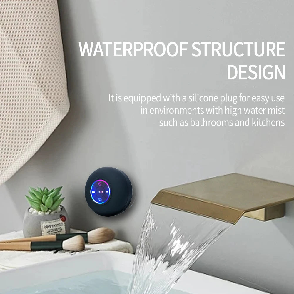 Altavoz portátil inalámbrico con Bluetooth, luz LED IPX4, resistente al agua, para exteriores, baño, ventosa grande, caja de sonido estéreo