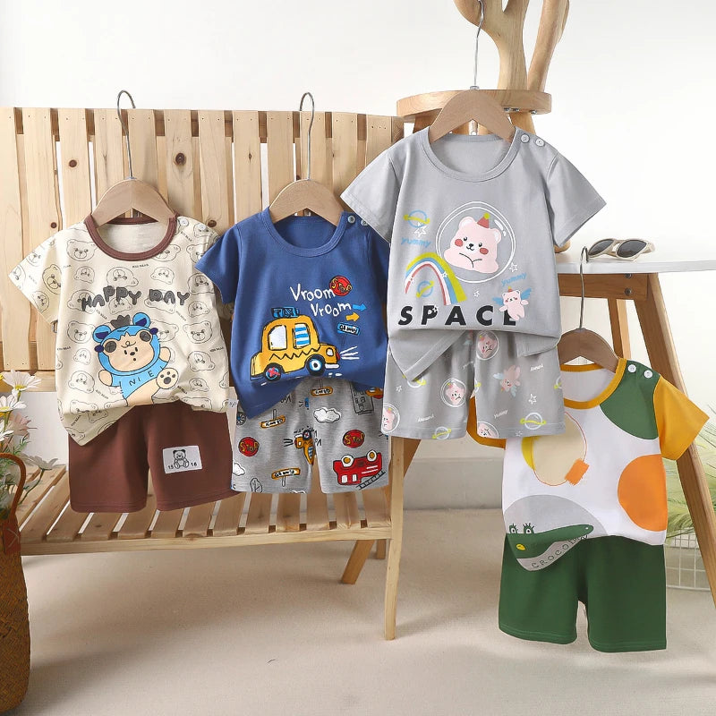 Conjunto de manga corta para niños, ropa de verano de algodón puro, camiseta fina para niñas, ropa para bebés