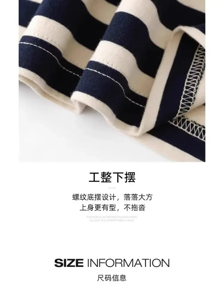 Camiseta de Manga Larga con Cuello Henley a Rayas Azul Marino y Crema para Mujer, Estilo Casual, Holgada, para Uso Diario