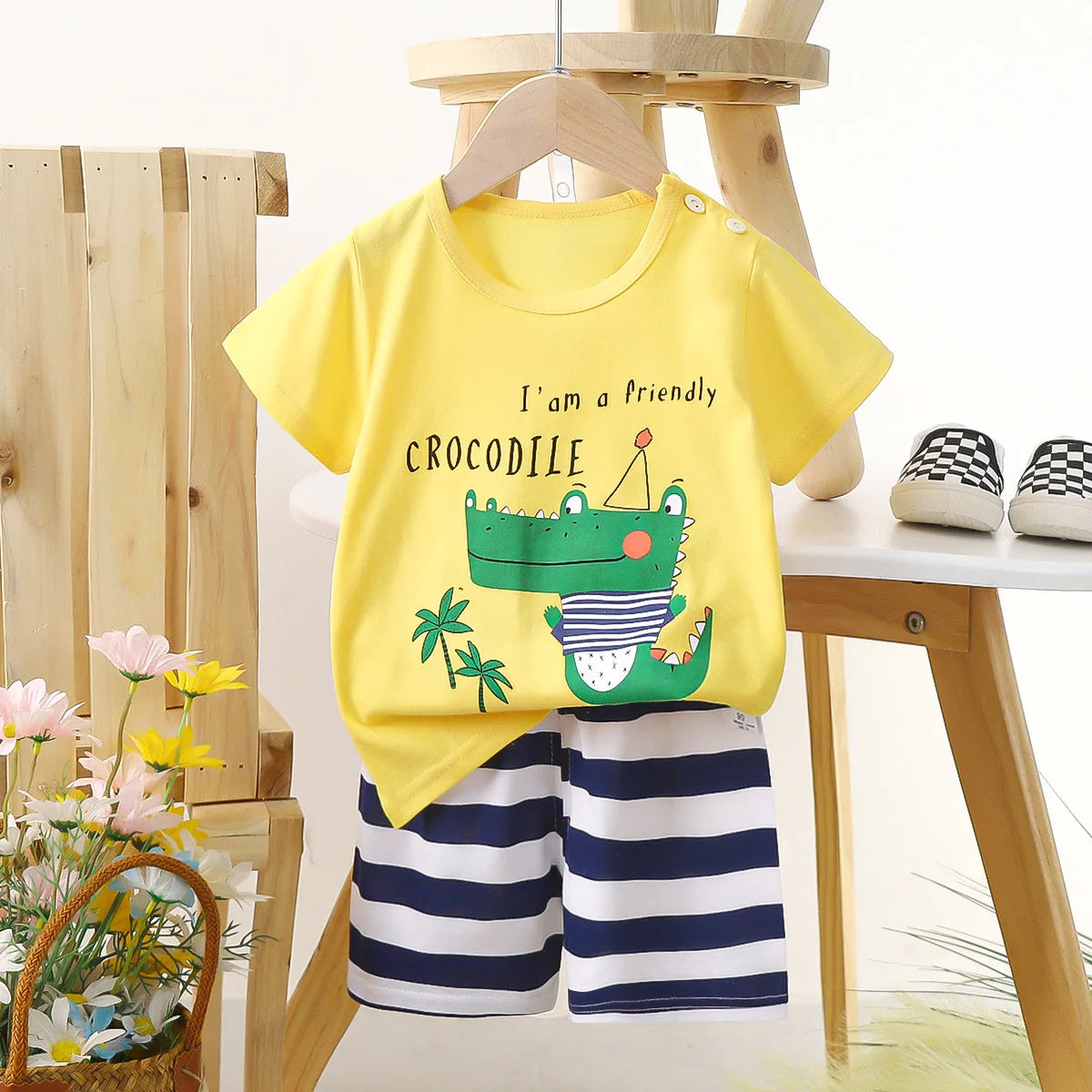 Conjunto de manga corta para niños, ropa de verano de algodón puro, camiseta fina para niñas, ropa para bebés