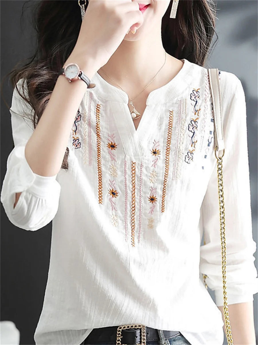 Blusas blancas de primavera y otoño para mujer, Tops informales con bordado y cuello en V, Blusas holgadas Vintage de manga larga DF4272
