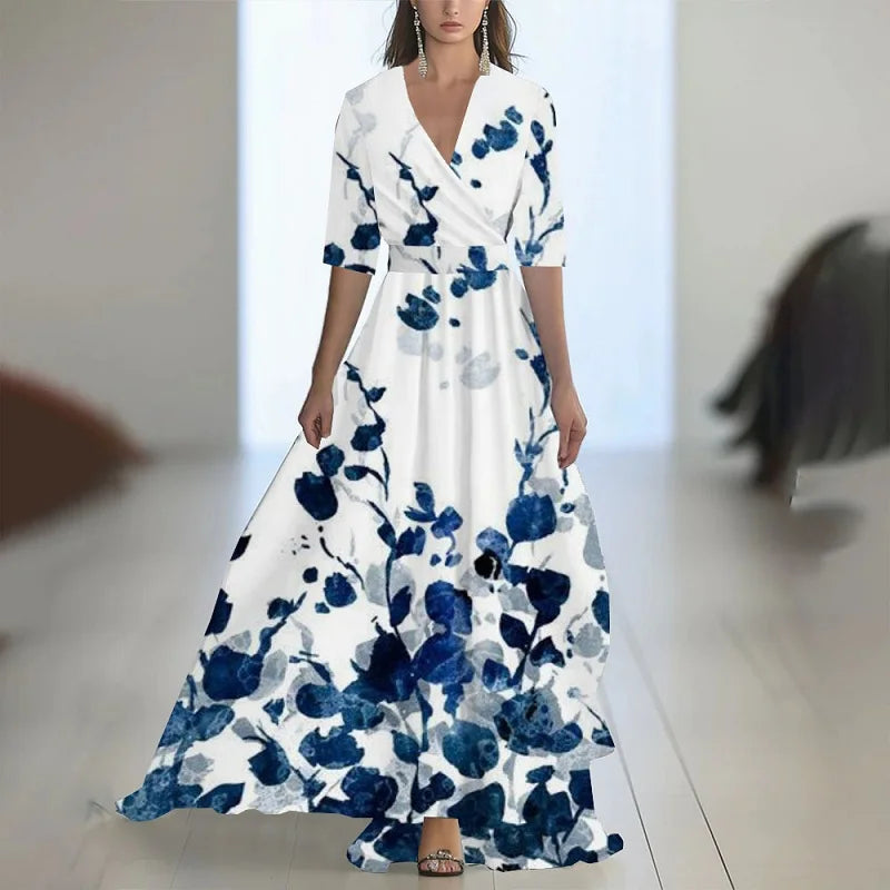 Batas mujer elegante estampado Floral Patchwork Maxi vestido Sexy cuello en V cintura alta vestido largo primavera Puff mangas vestido bohemio suelto