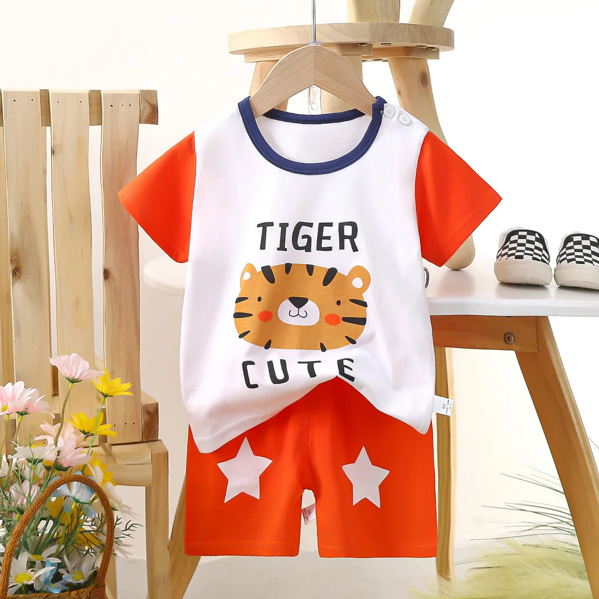 Conjunto de manga corta para niños, ropa de verano de algodón puro, camiseta fina para niñas, ropa para bebés
