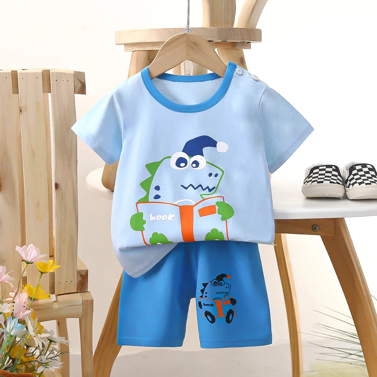 Conjunto de manga corta para niños, ropa de verano de algodón puro, camiseta fina para niñas, ropa para bebés