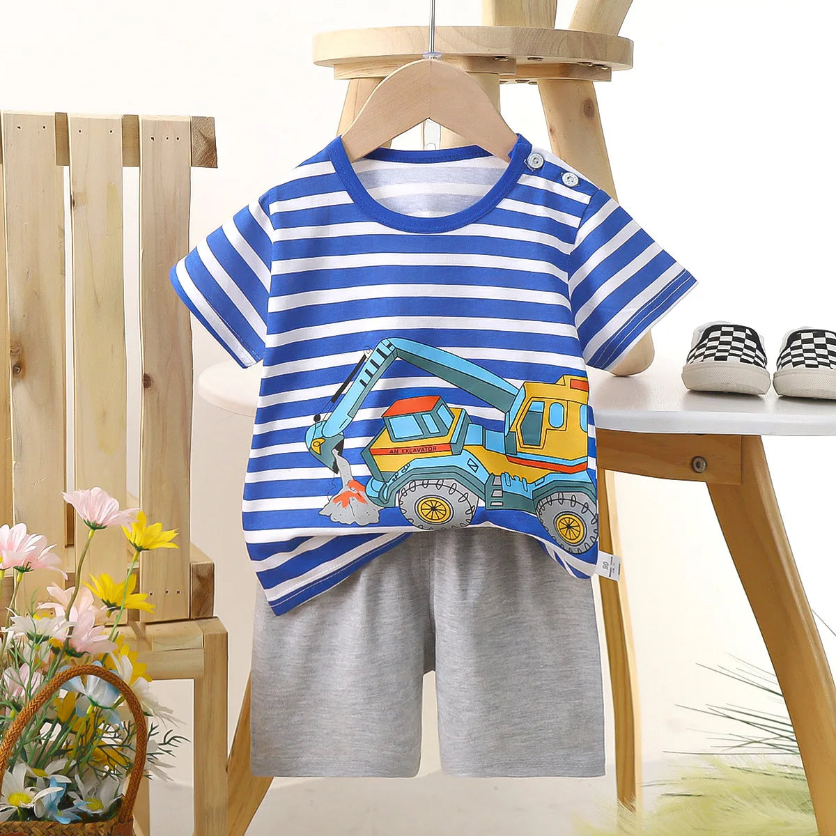 Conjunto de manga corta para niños, ropa de verano de algodón puro, camiseta fina para niñas, ropa para bebés
